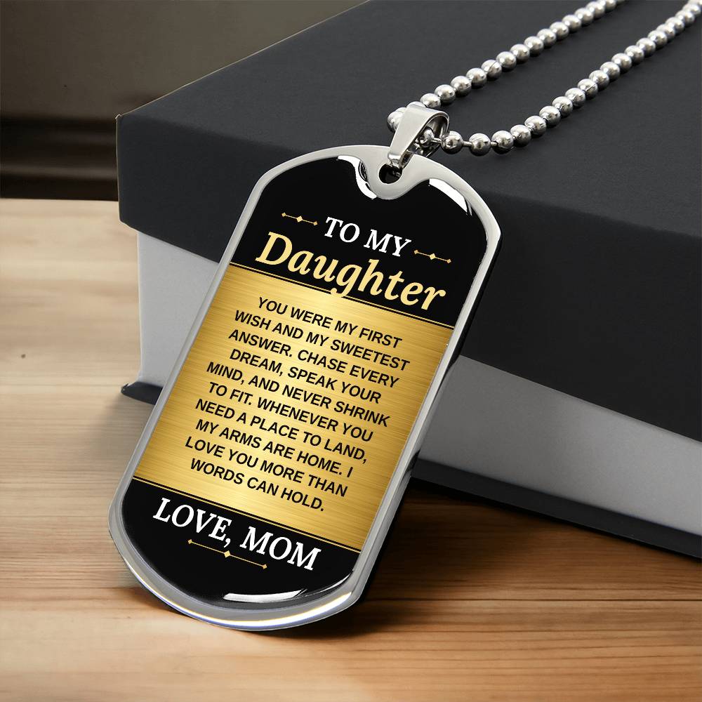 To My Daughter Necklace from Mom – silver dog tag necklace resting on a gift box