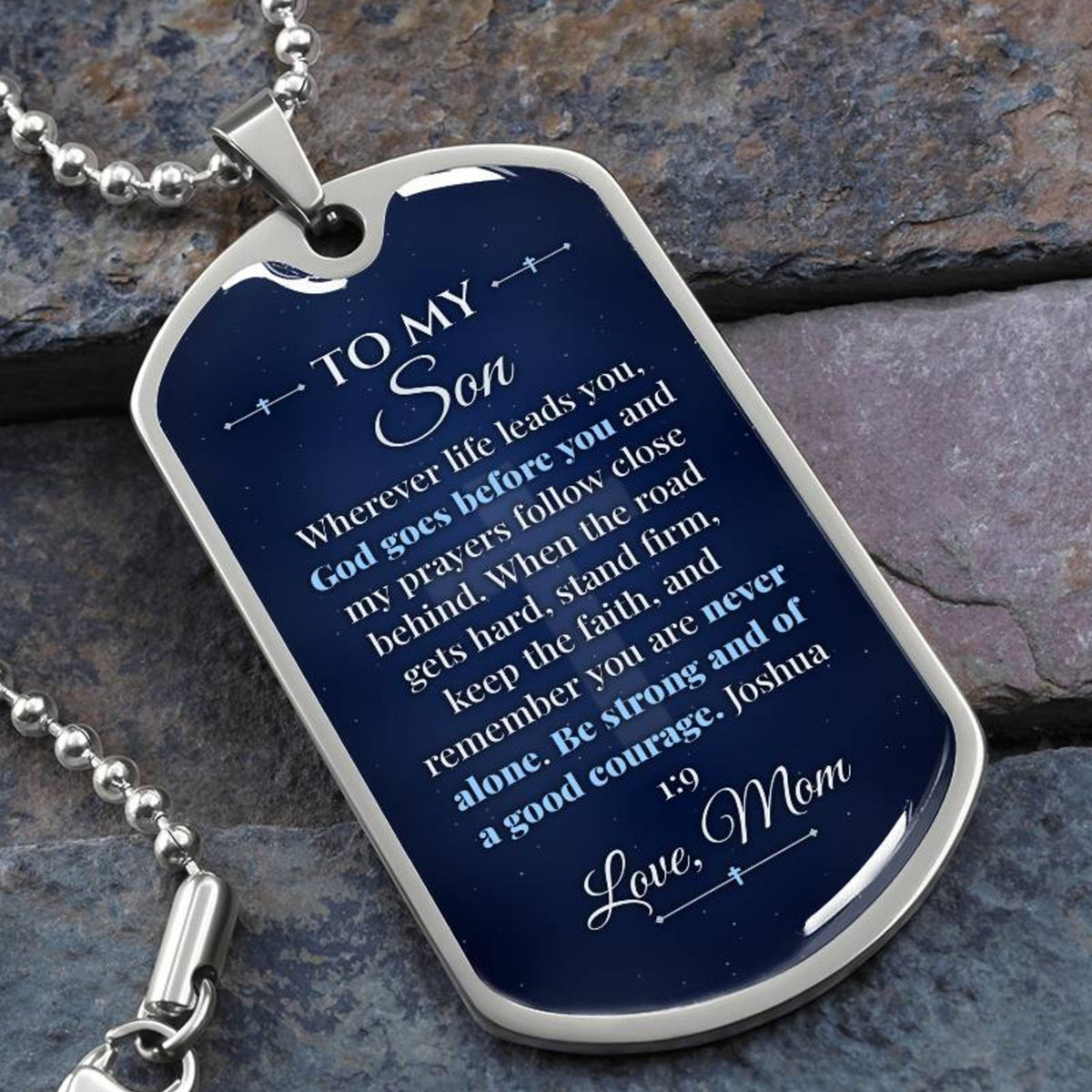 To My Son Necklace from Mom – close-up of the dog tag message
