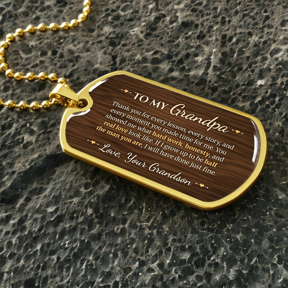 To My Grandpa Necklace from Grandson – gold dog tag necklace on dark stones