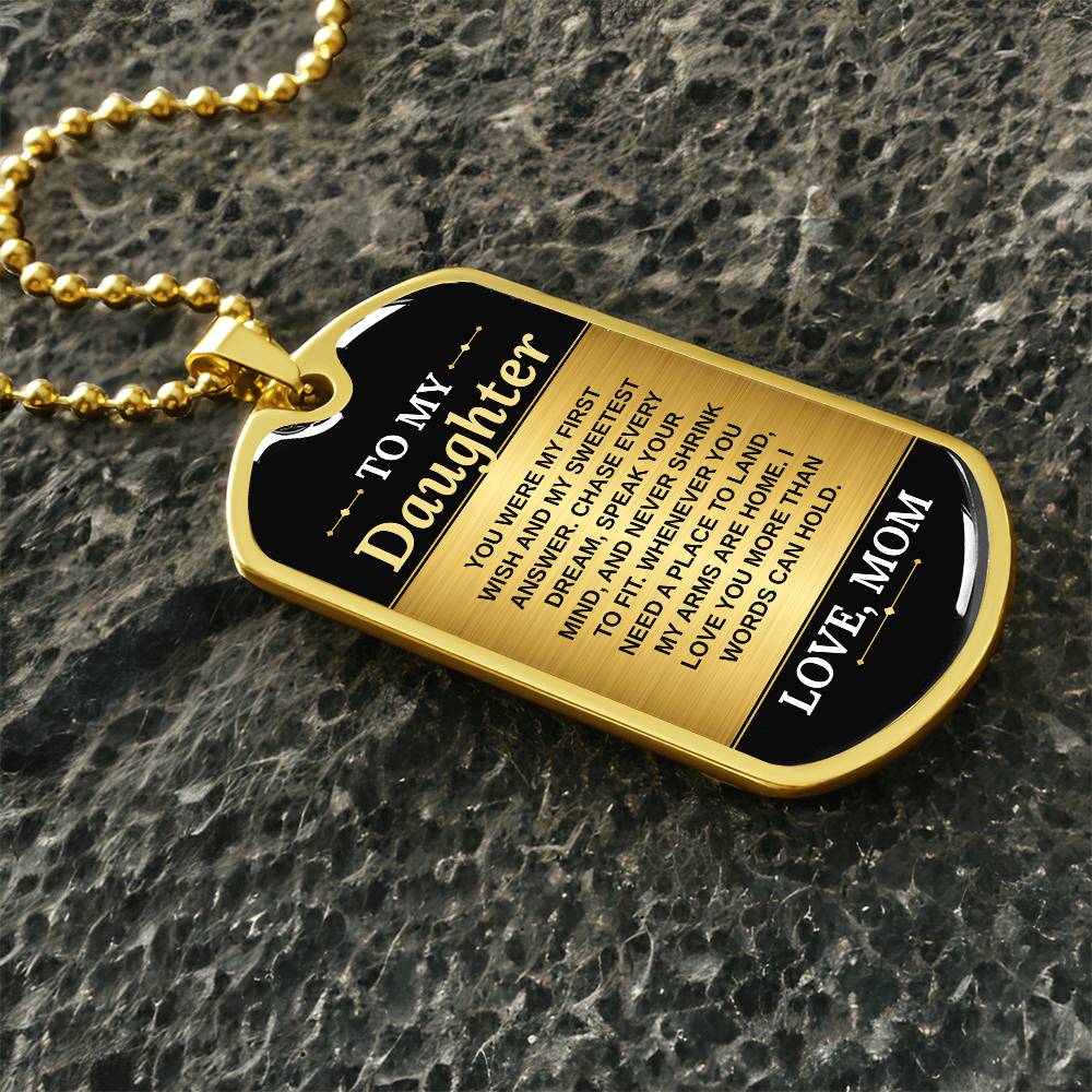 To My Daughter Necklace from Mom – gold dog tag necklace on dark stones