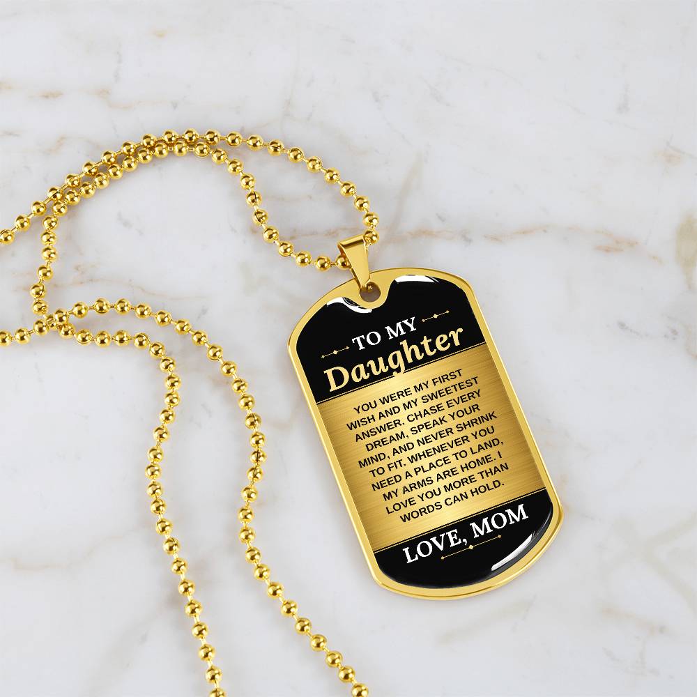 To My Daughter Necklace from Mom – 18k gold finish dog tag necklace on white marble