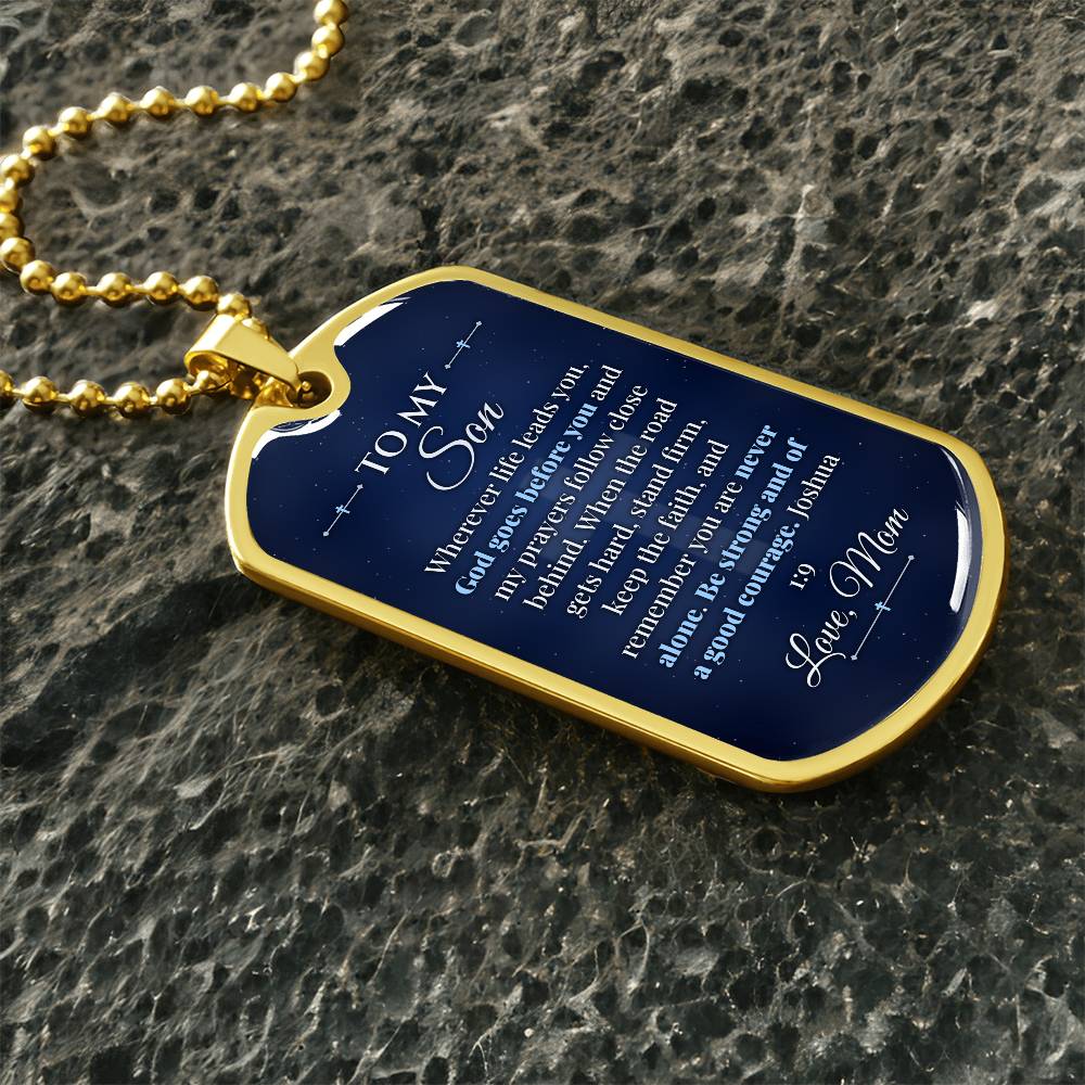To My Son Necklace from Mom – gold dog tag necklace on dark stones