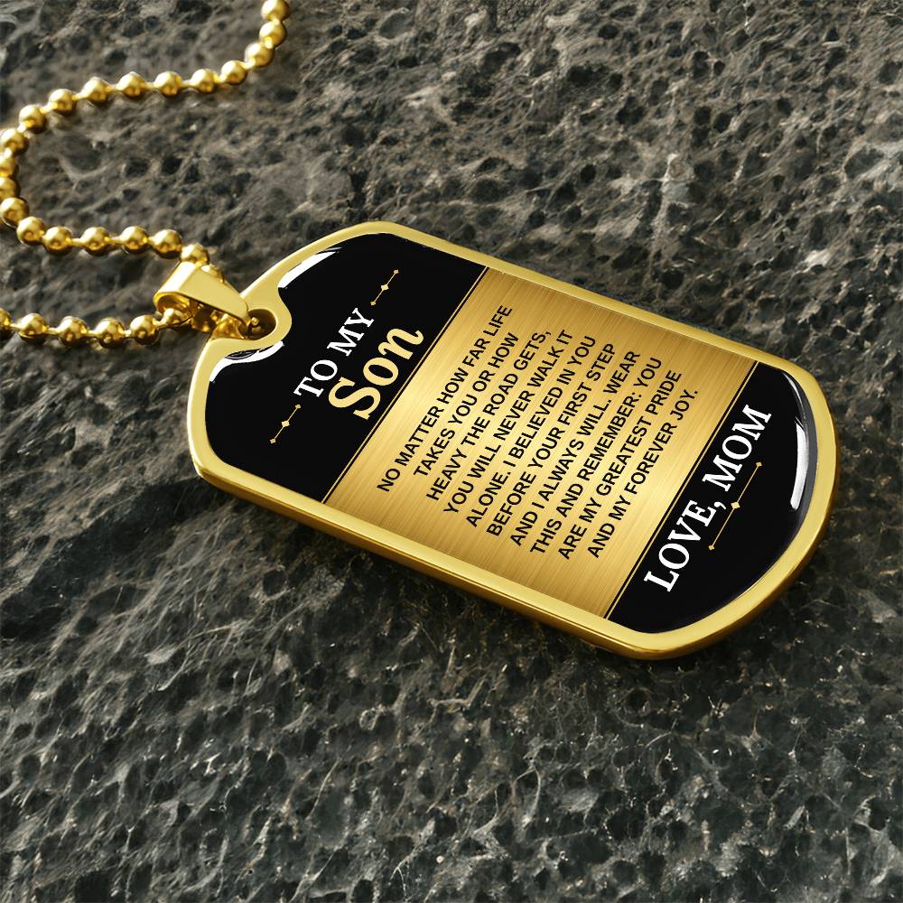 To My Son Necklace from Mom – gold dog tag necklace on dark stones