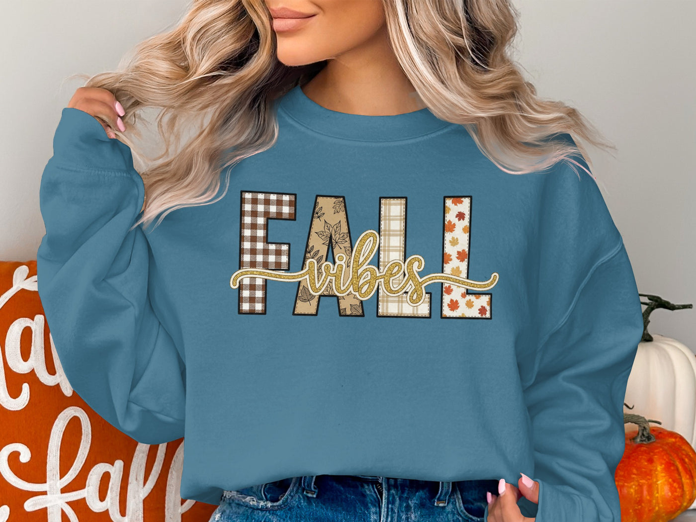 Cozy Blue Fall Vibes Graphic Sweatshirt for Women