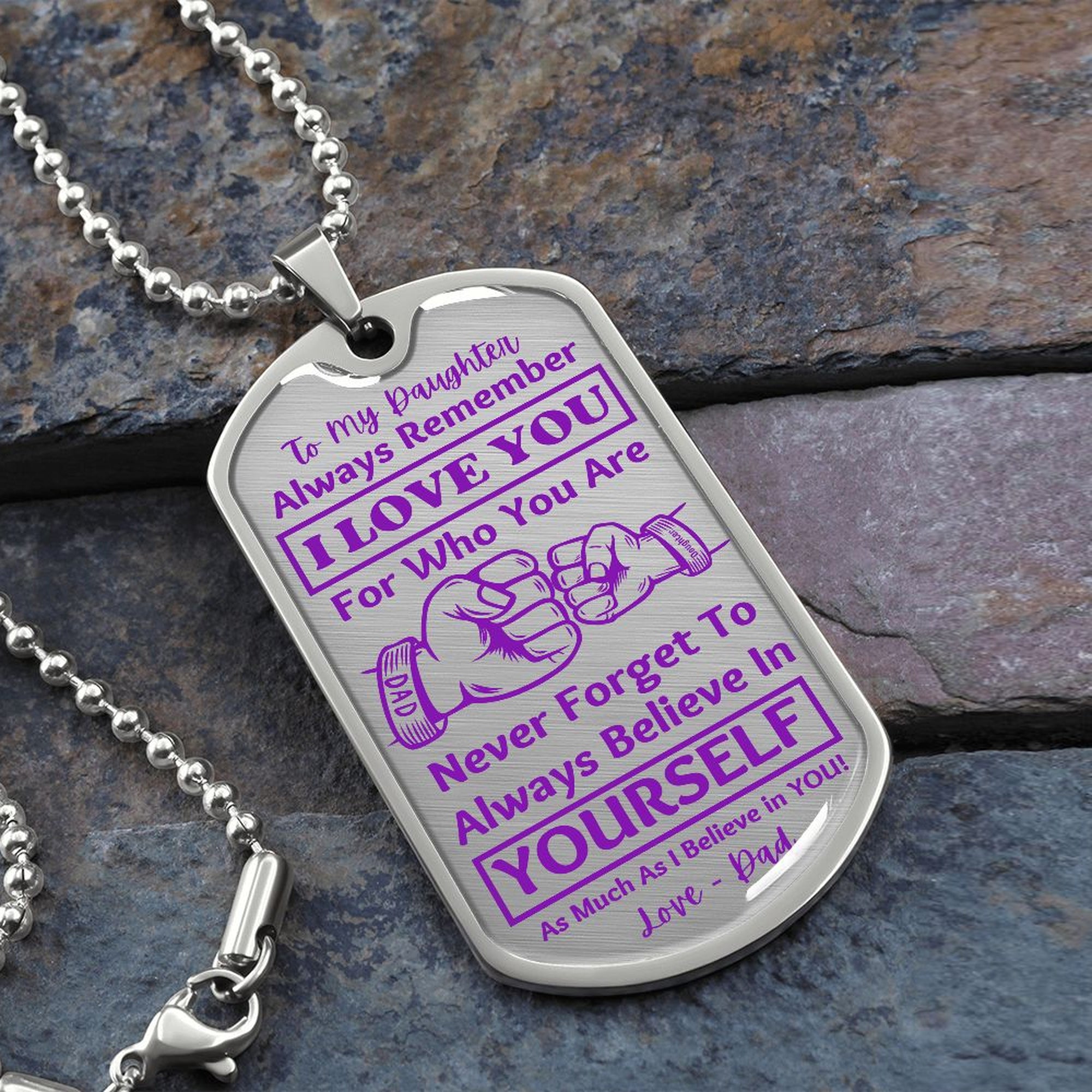 Silver I Love You Daughter dog tag necklace on slate stone