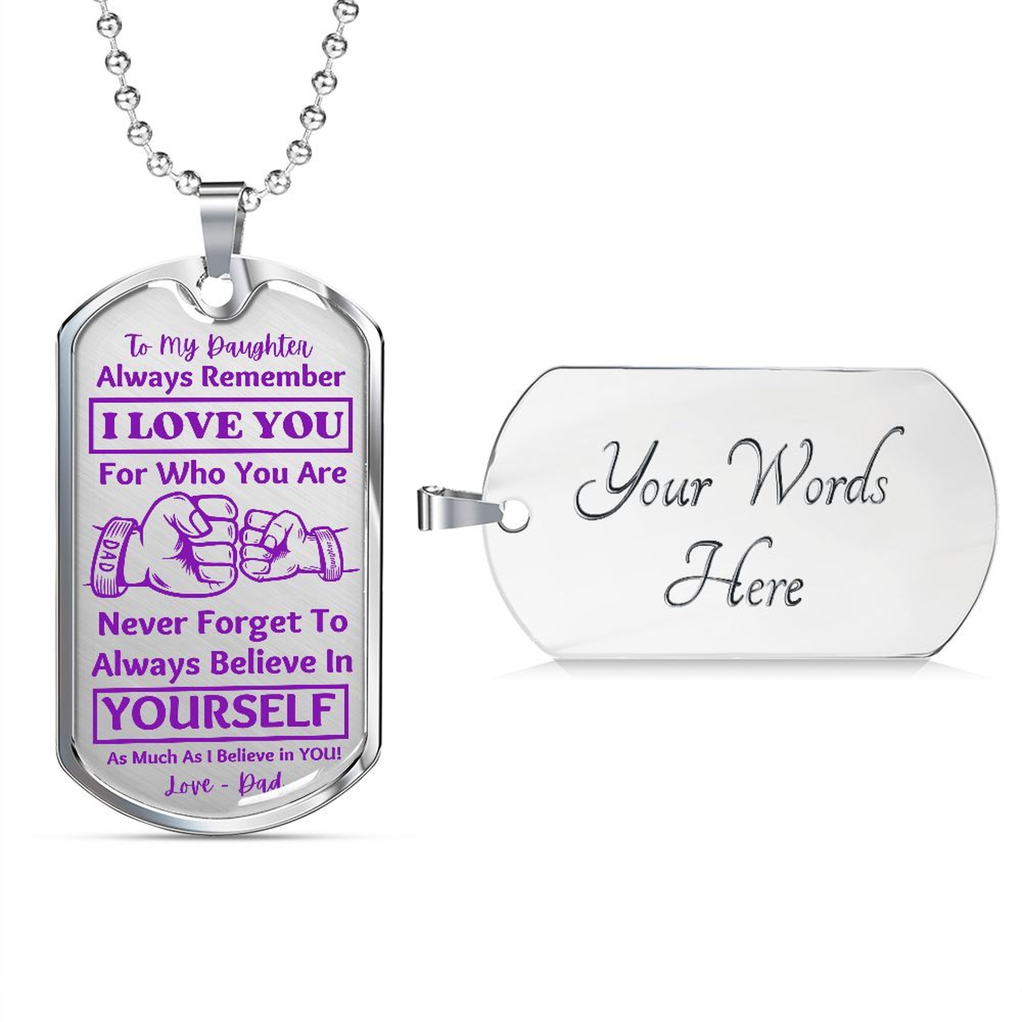 Front of the silver I Love You Daughter tag beside an engravable back reading Your Words Here