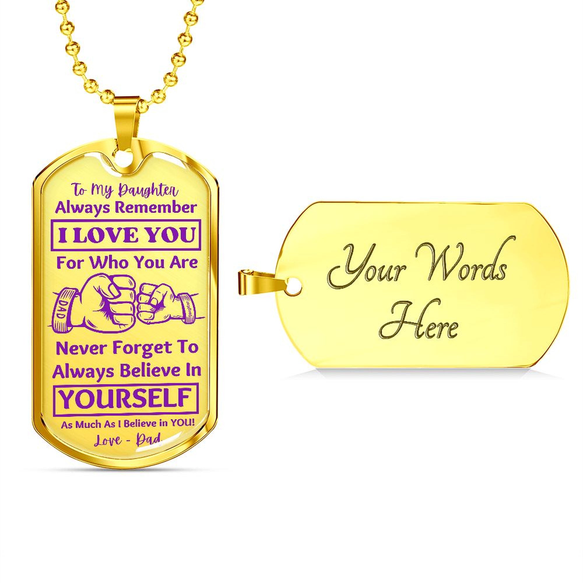 Front of the gold I Love You Daughter tag beside an engravable gold back reading Your Words Here
