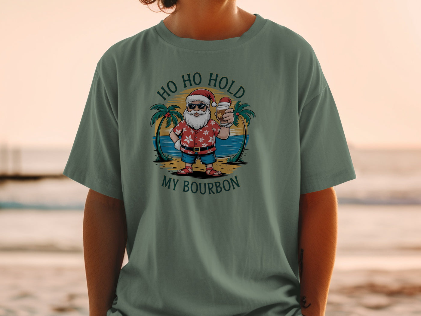 Ho Ho Hold My Bourbon T-shirt with Santa Design
