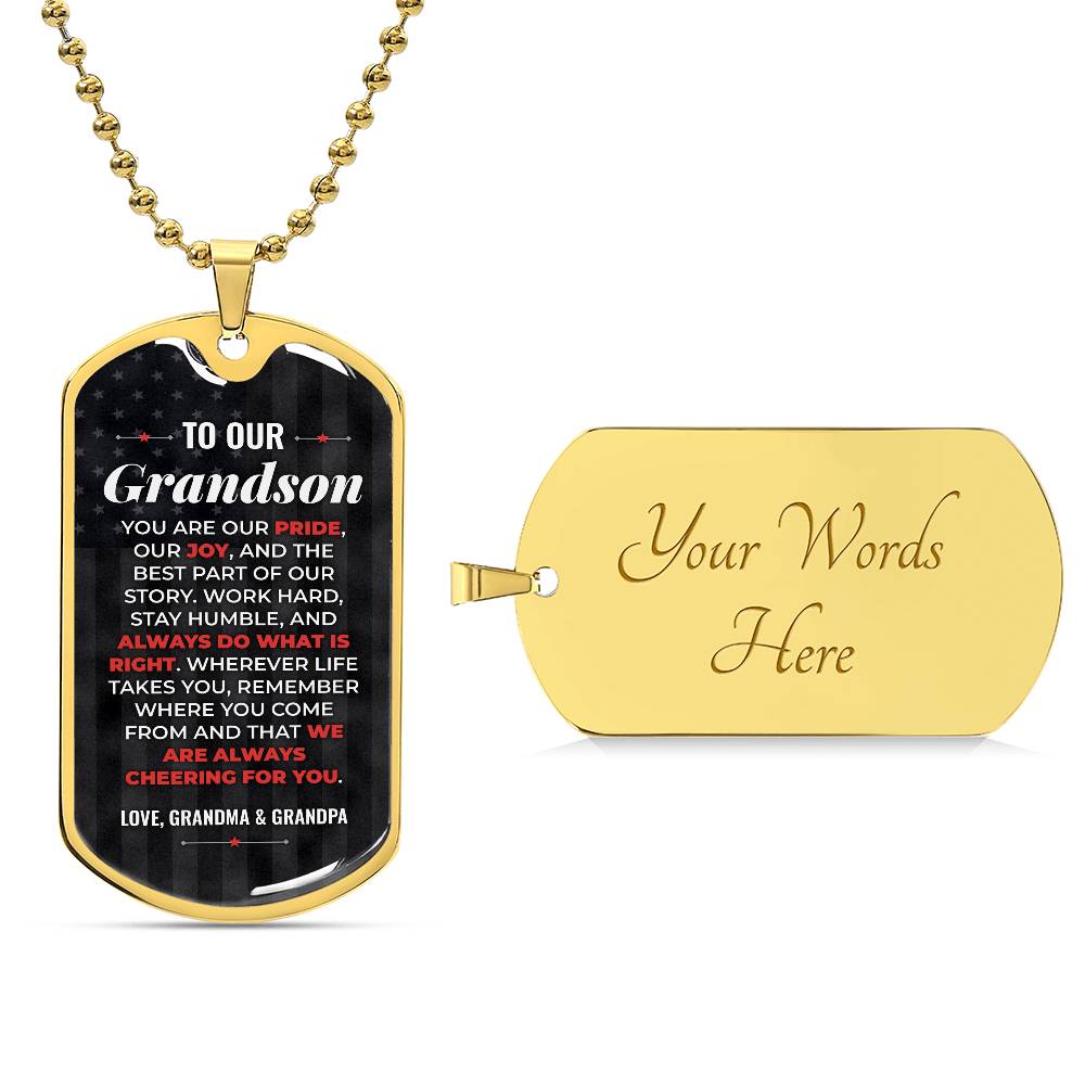 To Our Grandson Necklace from Grandma & Grandpa – 18k gold finish dog tag with optional custom engraving on the back