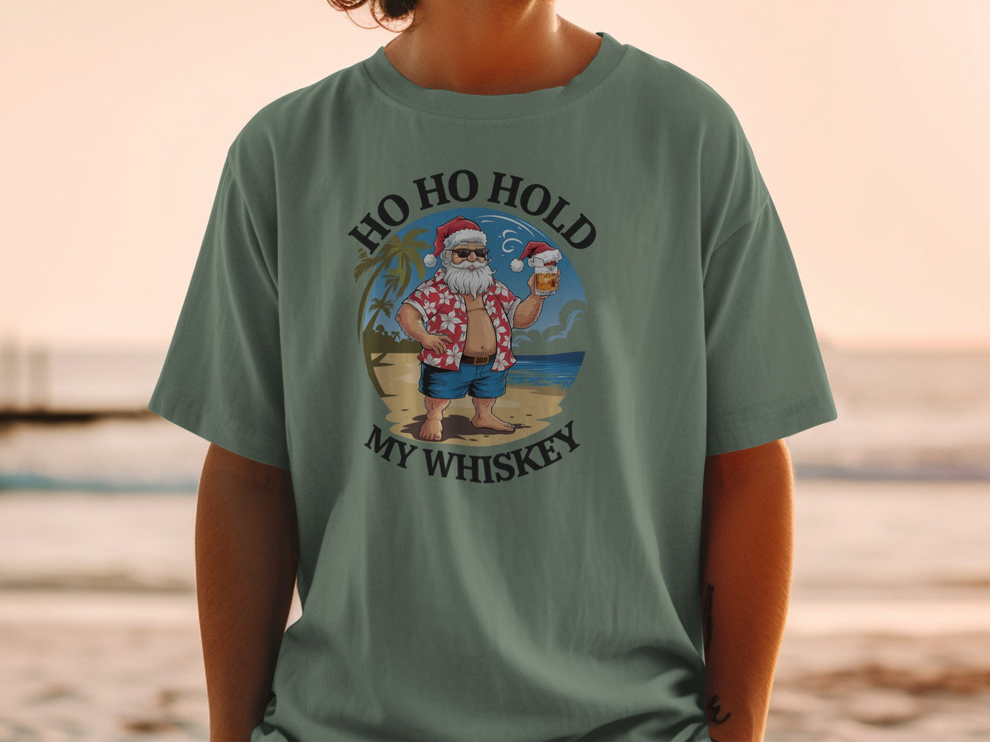 Santa On Beach Ho Ho Hold My Whiskey T-shirt