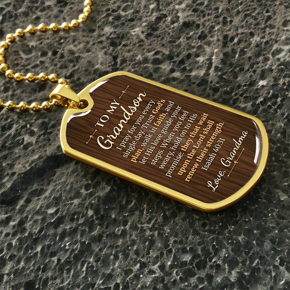 To My Grandson Necklace from Grandma – gold dog tag necklace on dark stones