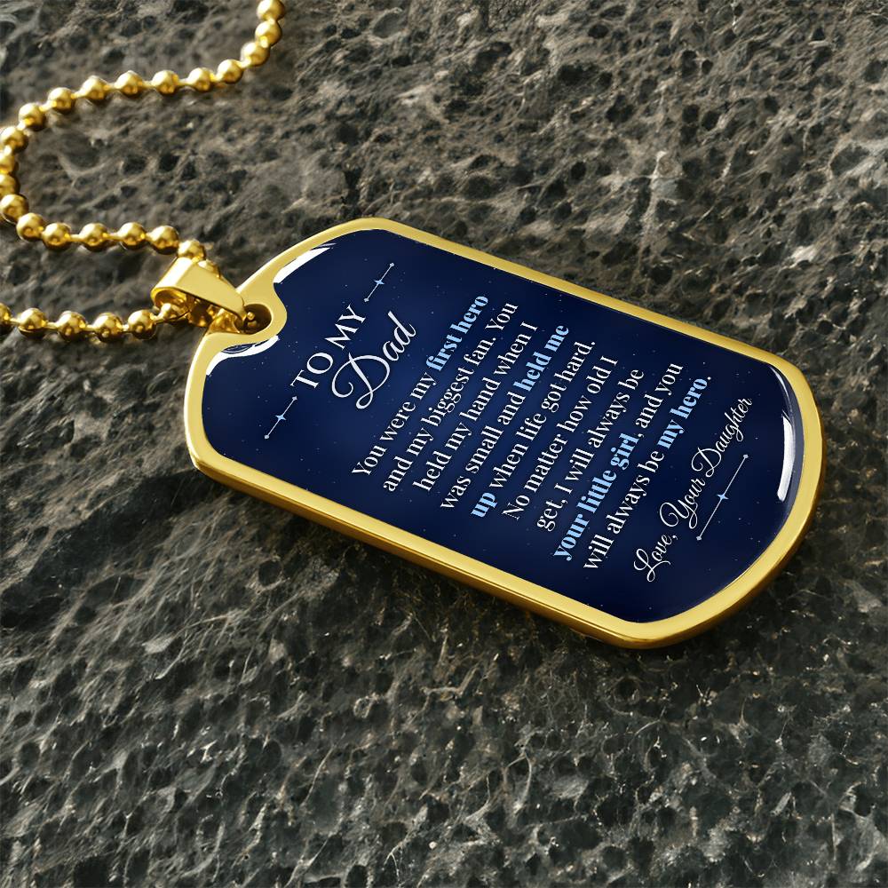 To My Dad Necklace from Daughter – gold dog tag necklace on dark stones
