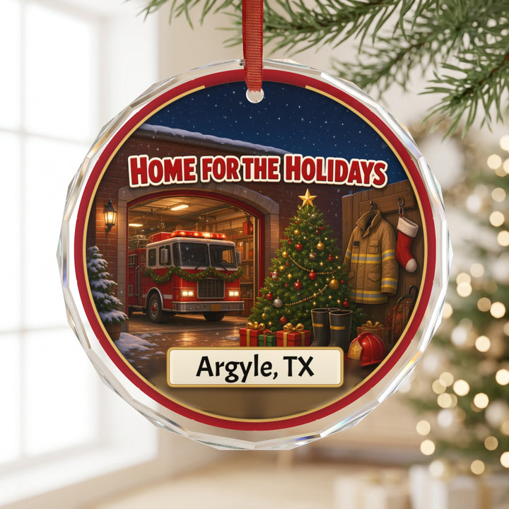 A round, faceted Christmas ornament featuring a fire station, a decorated tree, and the text Argyle, TX.