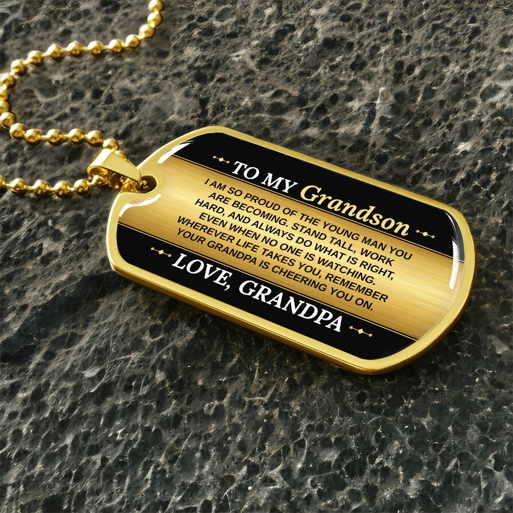 To My Grandson Necklace from Grandpa – gold dog tag necklace on dark stones