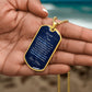 To My Son Necklace from Mom – gold dog tag held in hand to show size