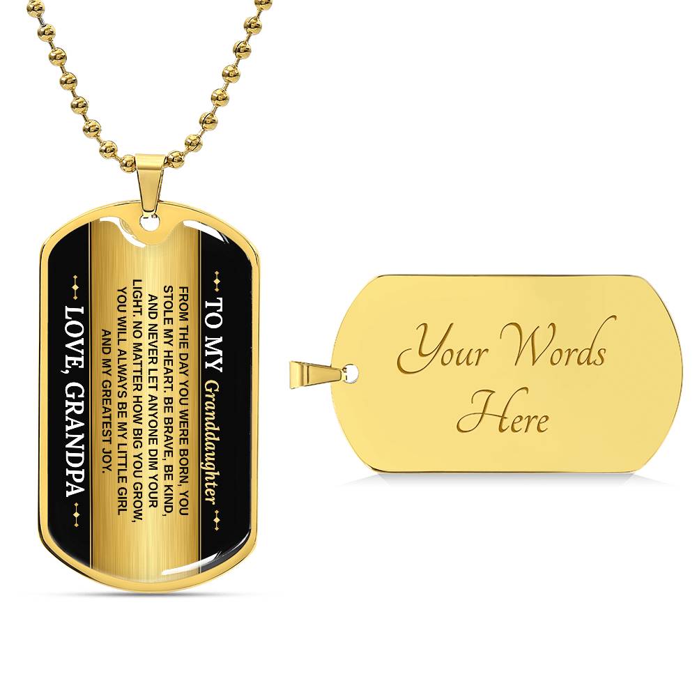 To My Granddaughter Necklace from Grandpa – 18k gold finish dog tag with optional custom engraving on the back