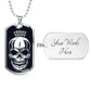 Front of the silver Fright Night skull tag beside an engravable back reading Your Words Here