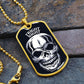 Fright Night skull dog tag necklace with 18k gold finish on slate stone