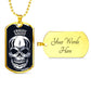 Front of the gold Fright Night skull tag beside an engravable gold back reading Your Words Here