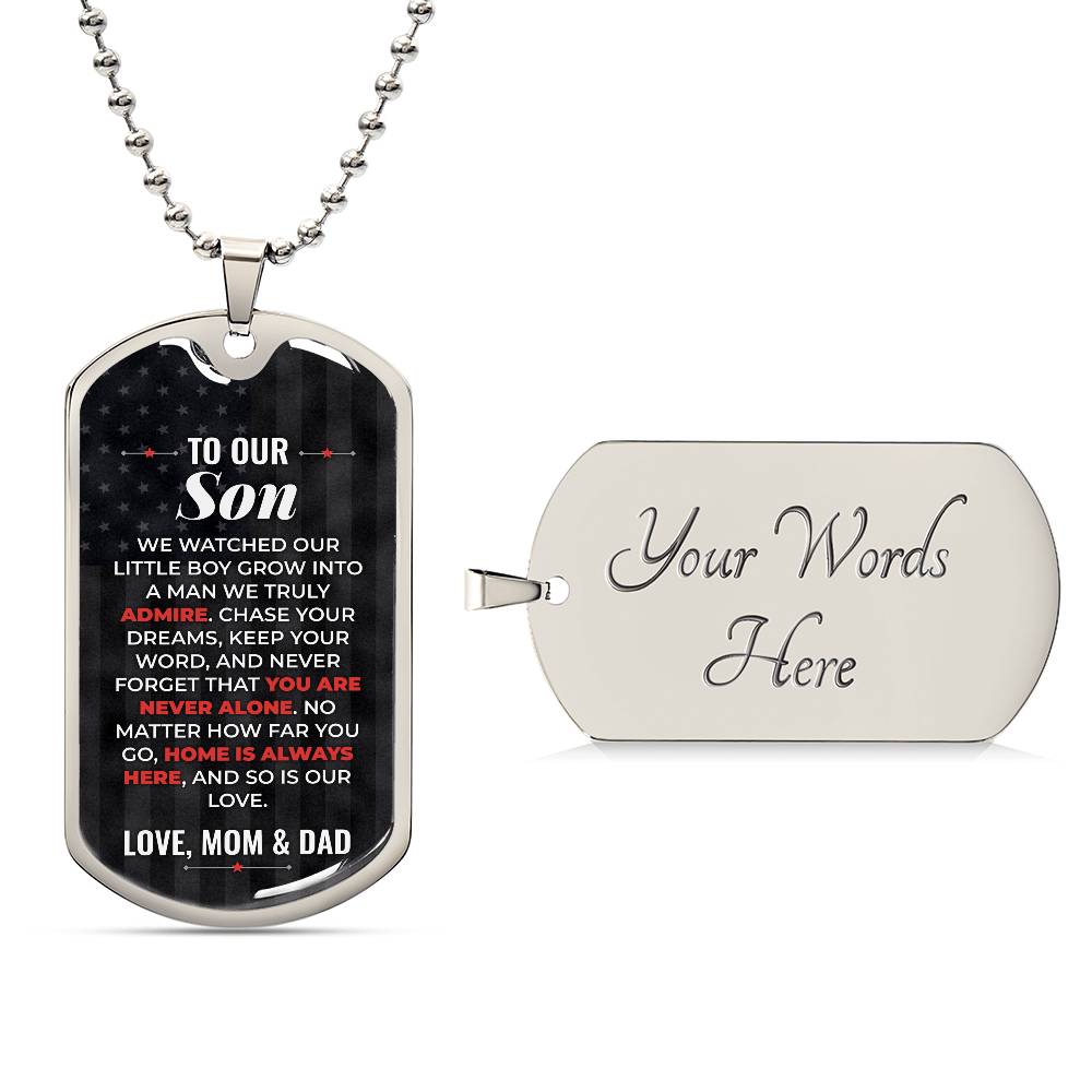 To Our Son Necklace from Mom & Dad – silver dog tag with optional custom engraving on the back