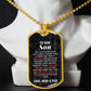To Our Son Necklace from Mom & Dad – gold dog tag necklace displayed on a bust