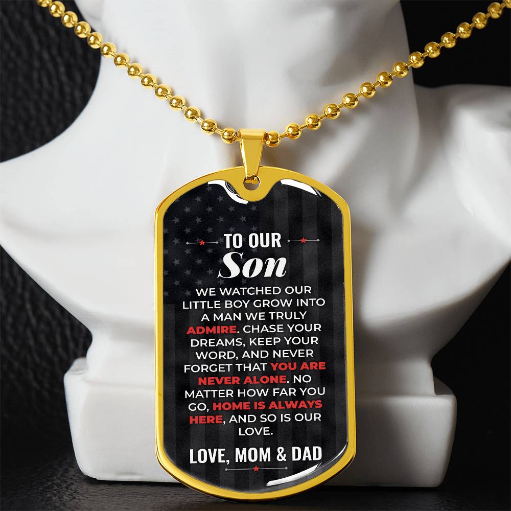 To Our Son Necklace from Mom & Dad – gold dog tag necklace displayed on a bust