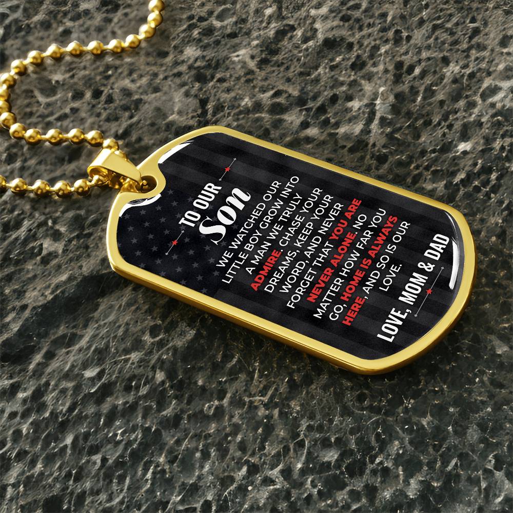 To Our Son Necklace from Mom & Dad – gold dog tag necklace on dark stones
