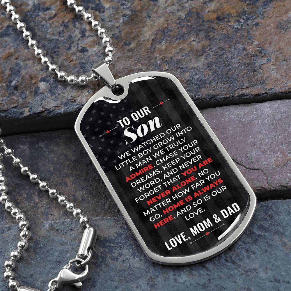 To Our Son Necklace from Mom & Dad – silver dog tag necklace on slate with military ball chain