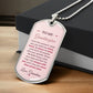 To My Granddaughter Necklace from Grandma – silver dog tag necklace resting on a gift box