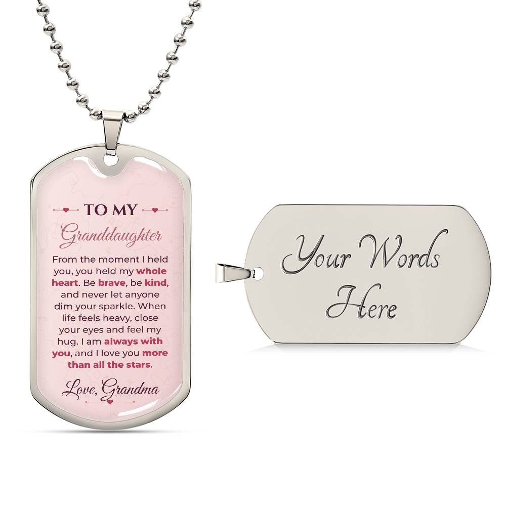 To My Granddaughter Necklace from Grandma – silver dog tag with optional custom engraving on the back