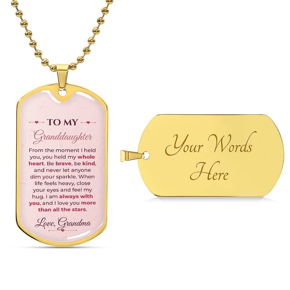 To My Granddaughter Necklace from Grandma – 18k gold finish dog tag with optional custom engraving on the back