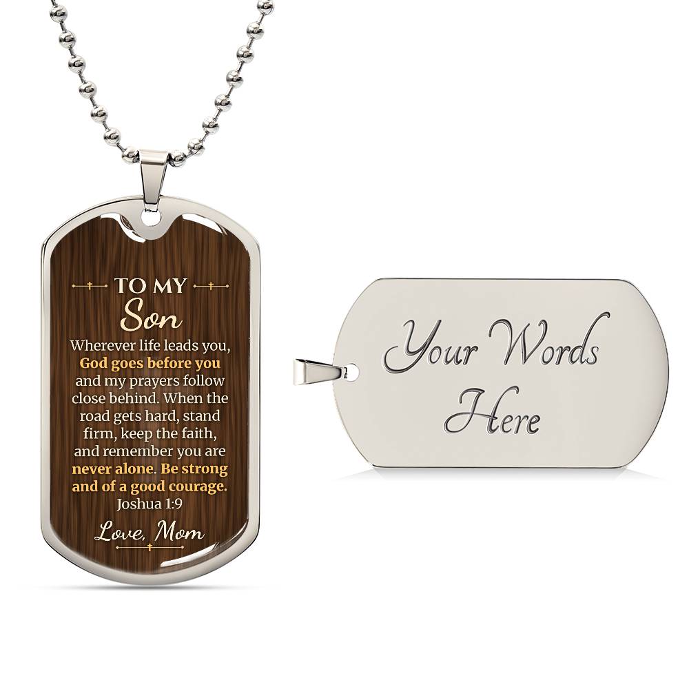 To My Son Necklace from Mom – silver dog tag with optional custom engraving on the back