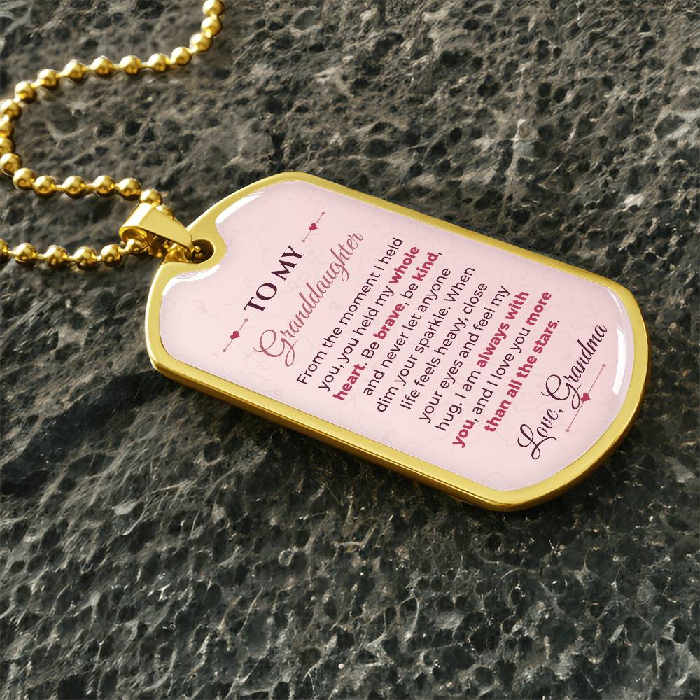 To My Granddaughter Necklace from Grandma – gold dog tag necklace on dark stones