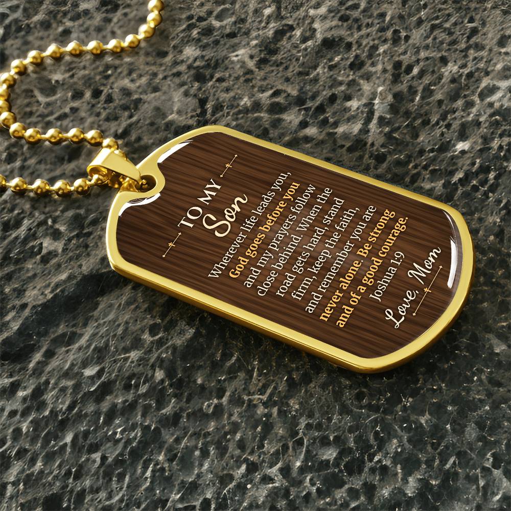 To My Son Necklace from Mom – gold dog tag necklace on dark stones