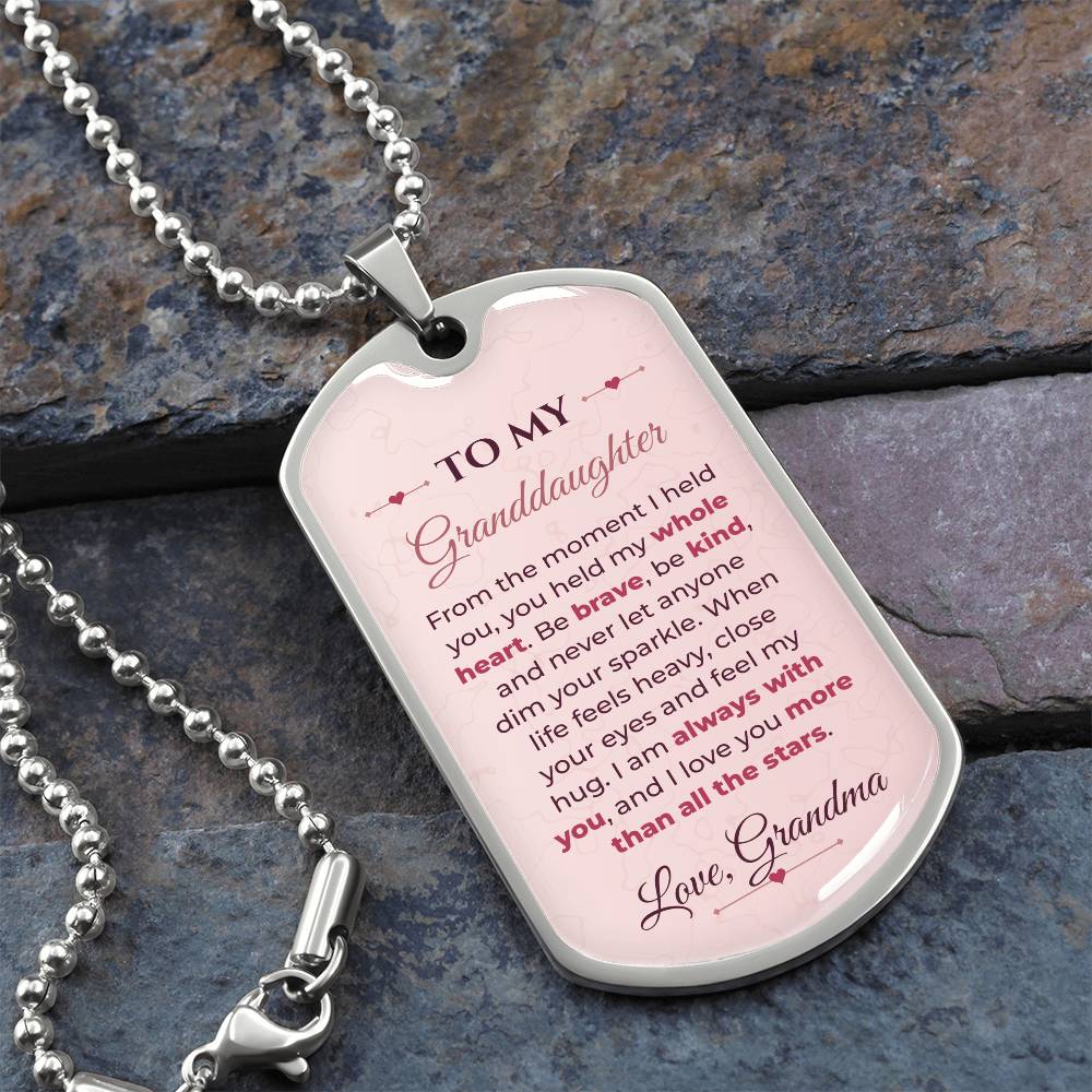 To My Granddaughter Necklace from Grandma – silver dog tag necklace on slate with military ball chain