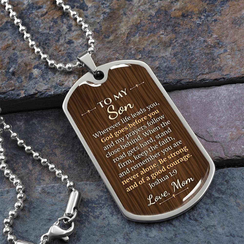 To My Son Necklace from Mom – silver dog tag necklace on slate with military ball chain