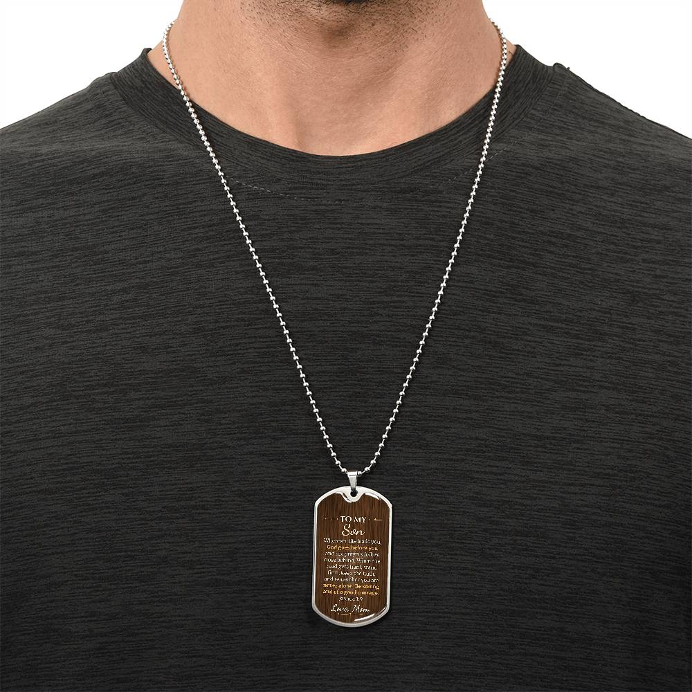 To My Son Necklace from Mom – silver dog tag necklace worn with a dark t-shirt