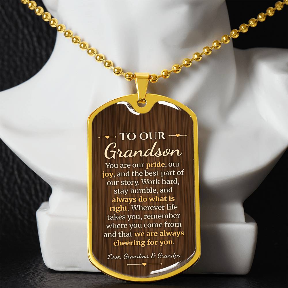 To Our Grandson Necklace from Grandma & Grandpa – gold dog tag necklace displayed on a bust