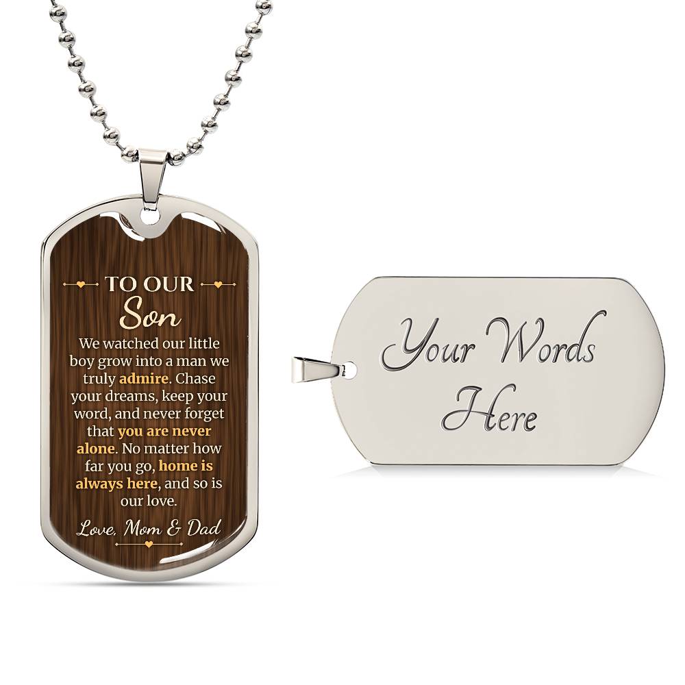 To Our Son Necklace from Mom & Dad – silver dog tag with optional custom engraving on the back