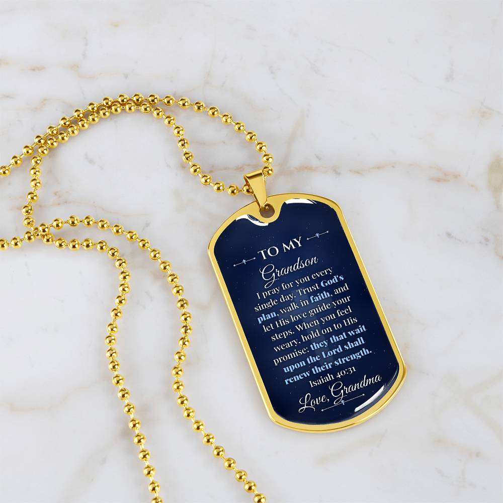 To My Grandson Necklace from Grandma – 18k gold finish dog tag necklace on white marble