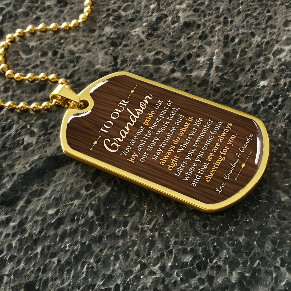 To Our Grandson Necklace from Grandma & Grandpa – gold dog tag necklace on dark stones