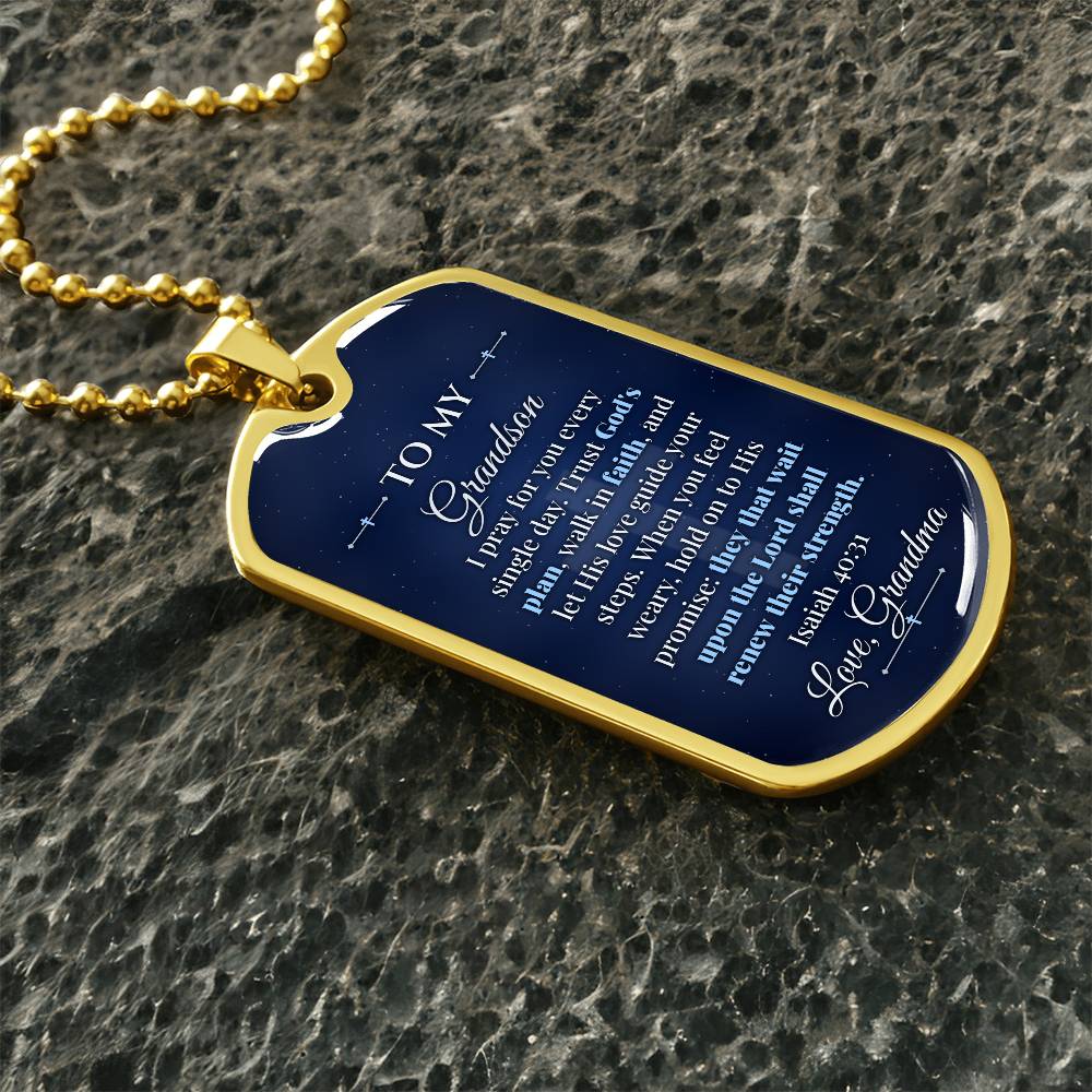 To My Grandson Necklace from Grandma – gold dog tag necklace on dark stones