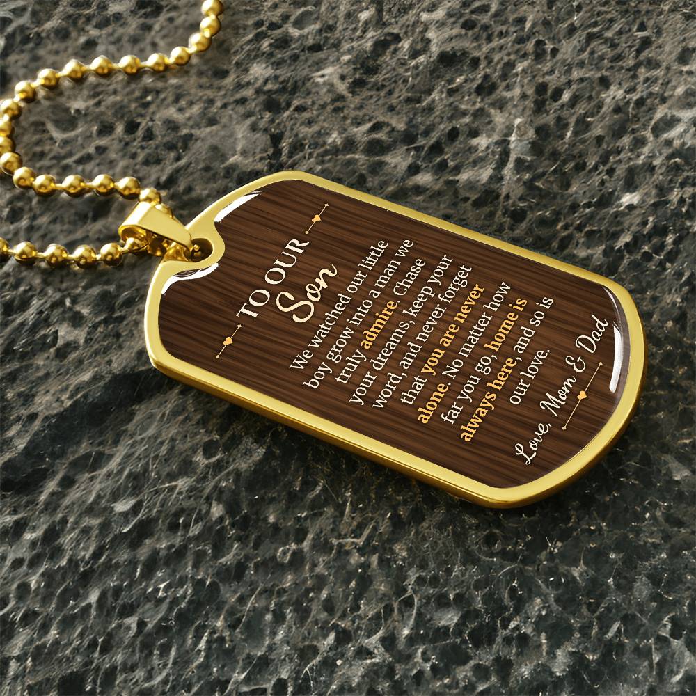 To Our Son Necklace from Mom & Dad – gold dog tag necklace on dark stones