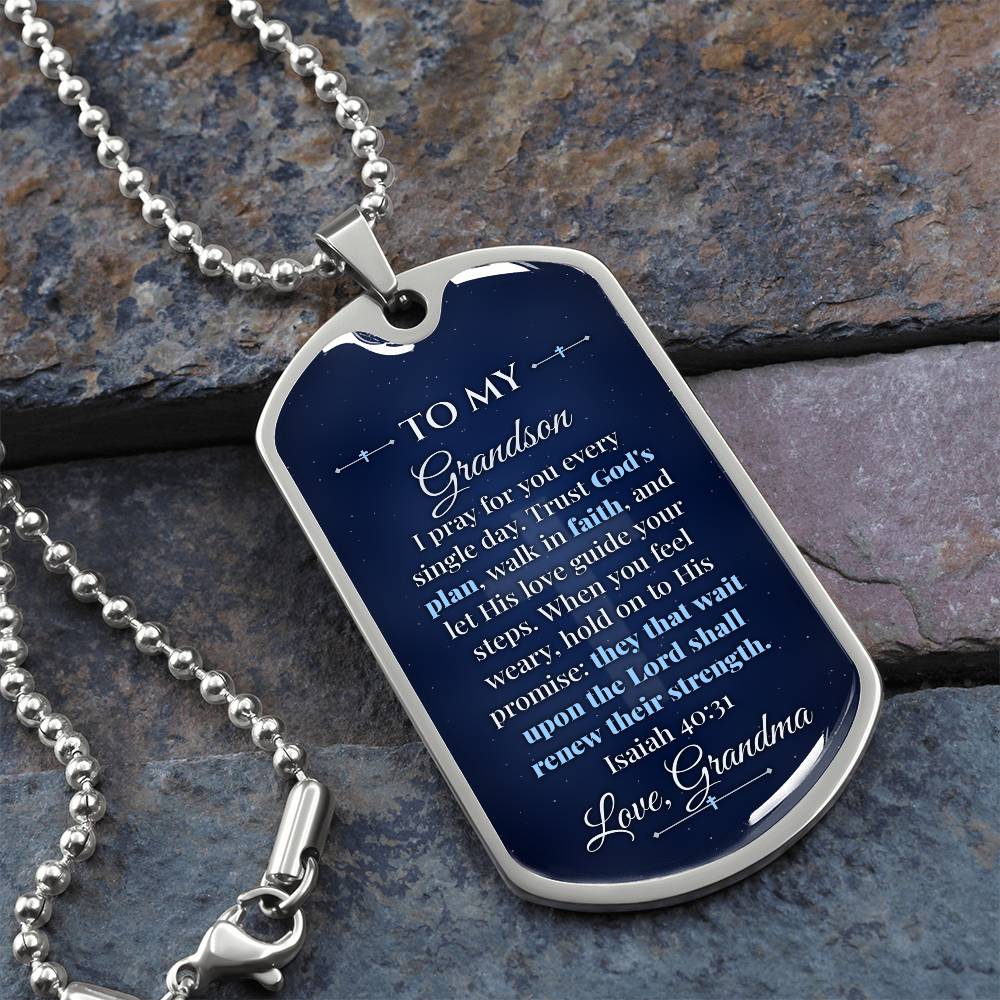 To My Grandson Necklace from Grandma – silver dog tag necklace on slate with military ball chain
