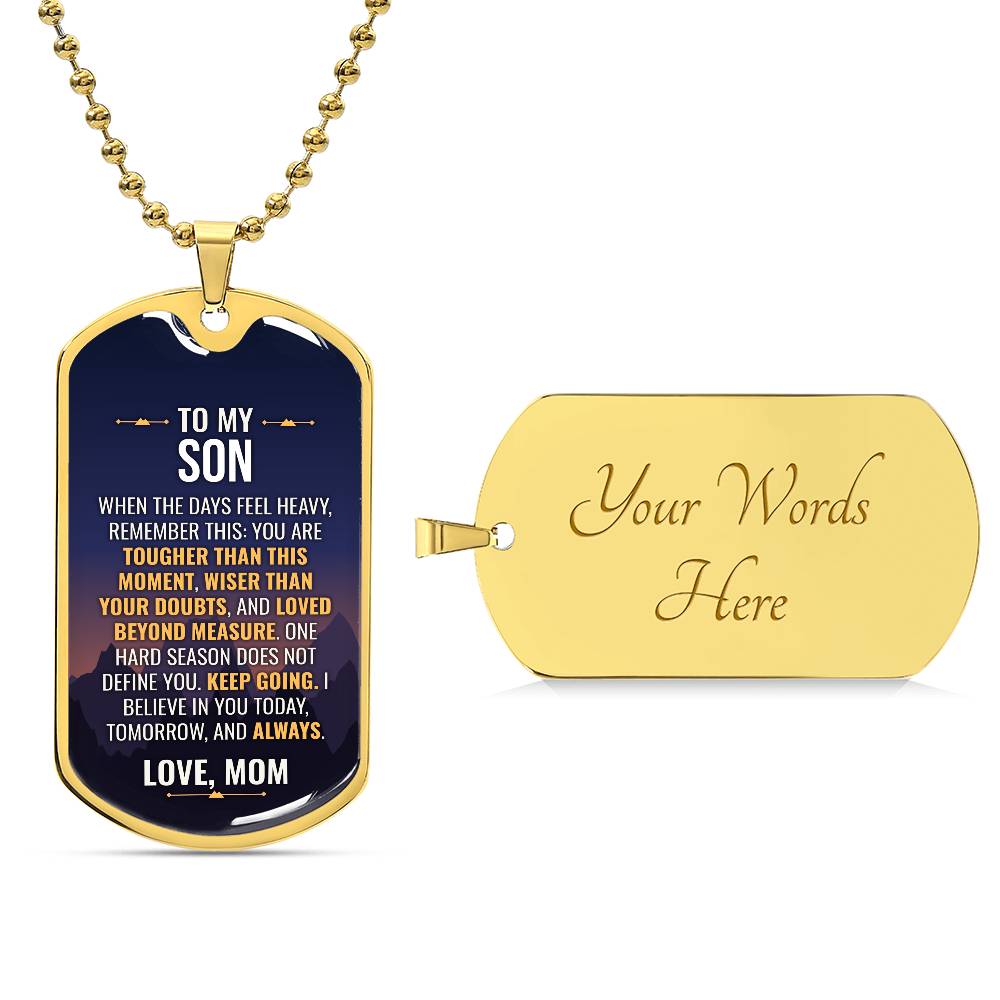 To My Son Necklace from Mom – 18k gold finish dog tag with optional custom engraving on the back