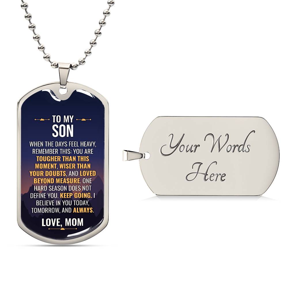 To My Son Necklace from Mom – silver dog tag with optional custom engraving on the back