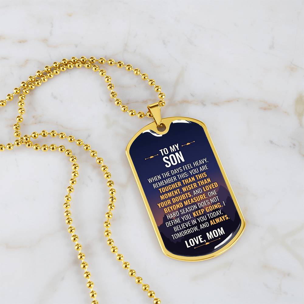 To My Son Necklace from Mom – 18k gold finish dog tag necklace on white marble