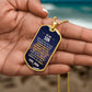 To My Son Necklace from Mom – gold dog tag held in hand to show size