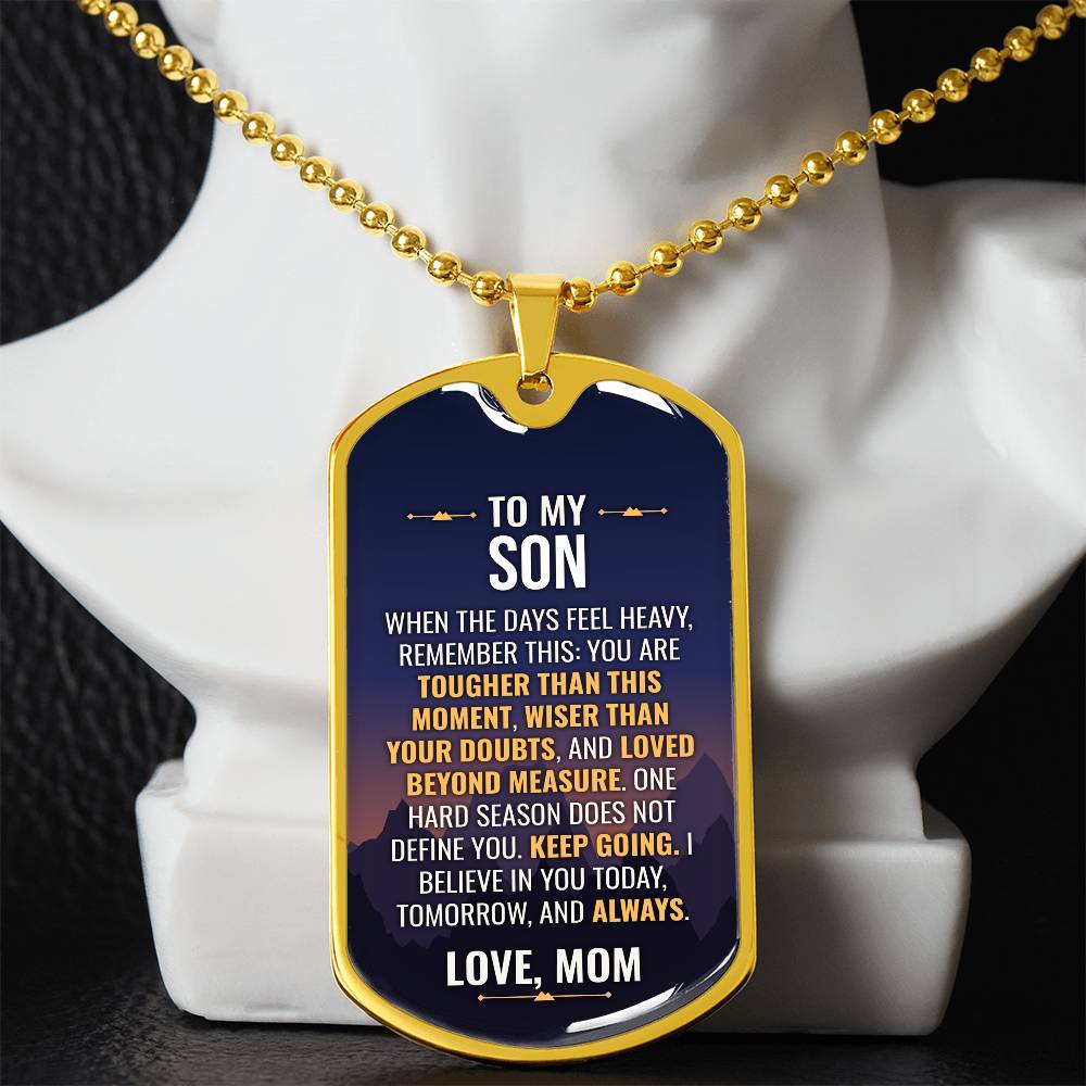 To My Son Necklace from Mom – gold dog tag necklace displayed on a bust