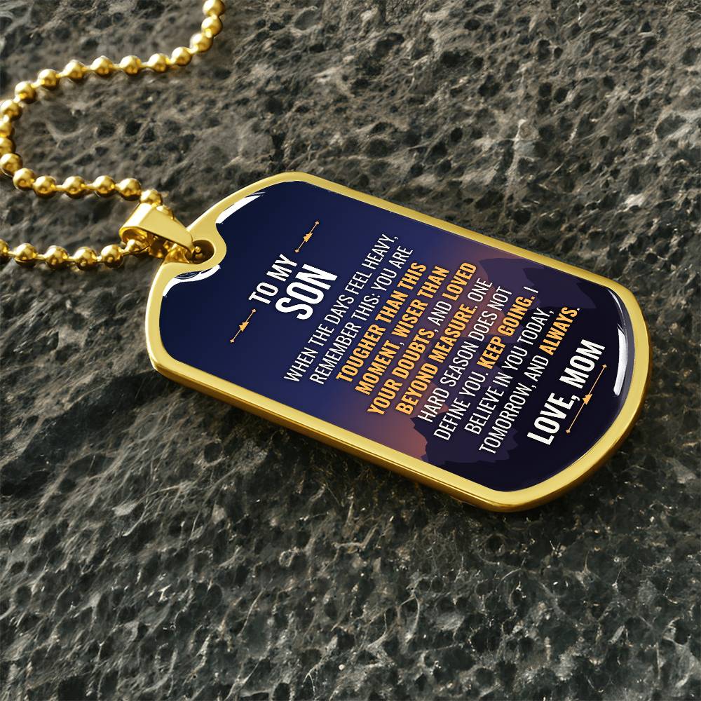 To My Son Necklace from Mom – gold dog tag necklace on dark stones